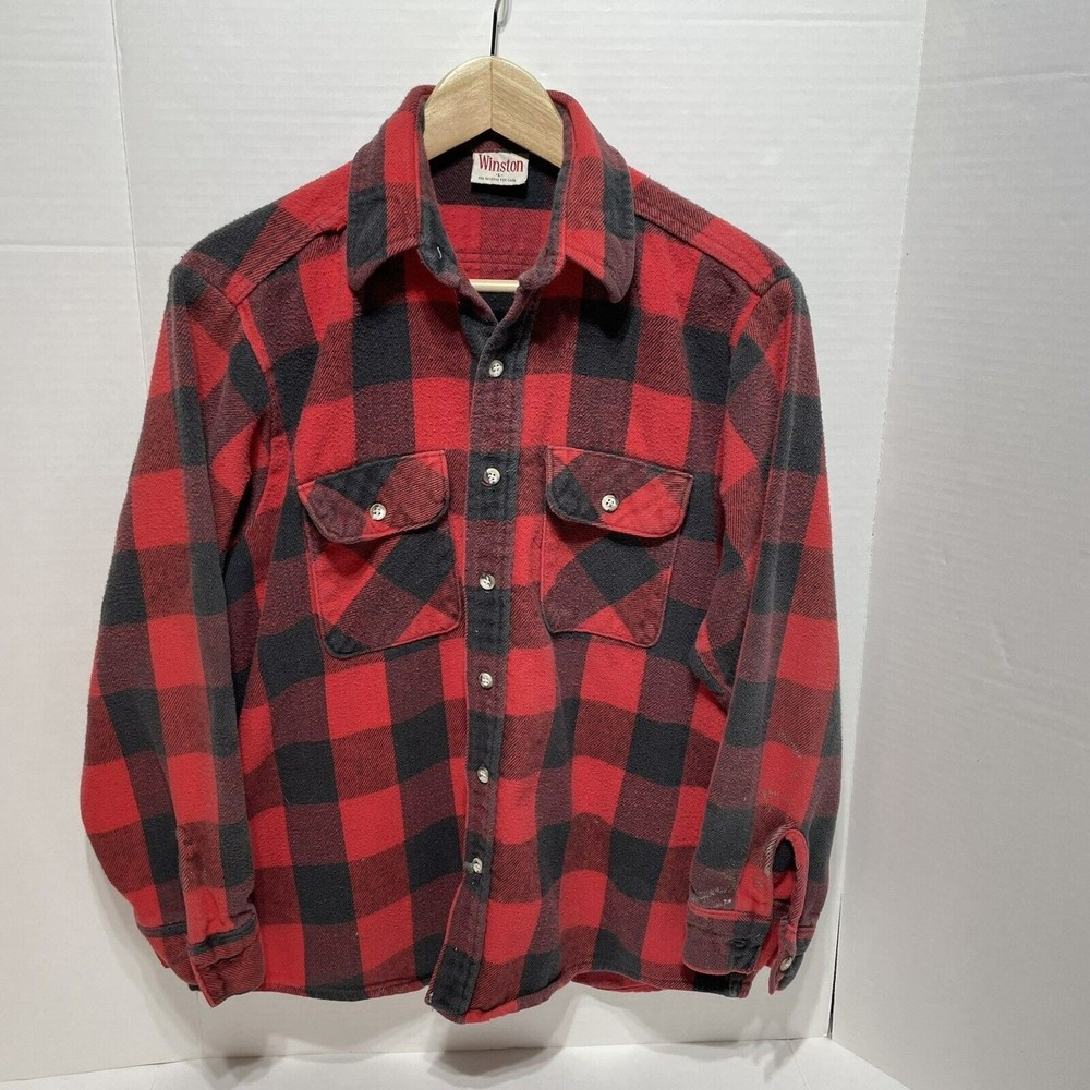 Vintage Winston Flannel Button Down Shirt, Large, Red/Black, Button Down LS